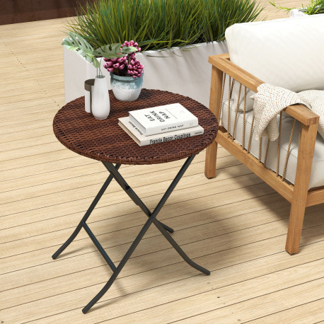 Outsunny Foldable PE Rattan Outdoor Coffee Table, Metal Frame Wicker Round Side Table, Coffee Table Side Table for Lawn, Garden,