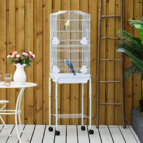 PawHut Bird Cage Budgie Cages for Finch Canary Parakeet with Stand Wheels Slide-out Tray Accessories Storage Shelf, White 46.5 x