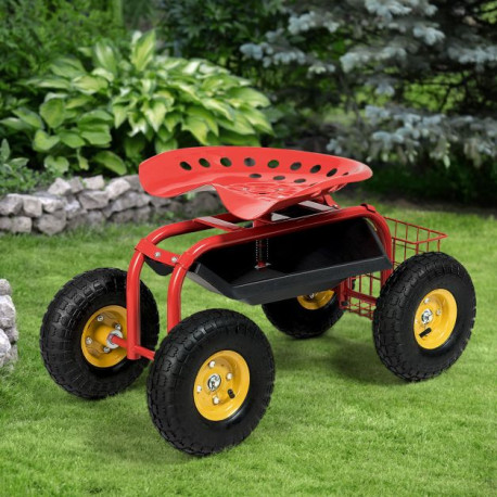 Rolling Gardening Cart with Adjustable Height and 360° Swivel Seat