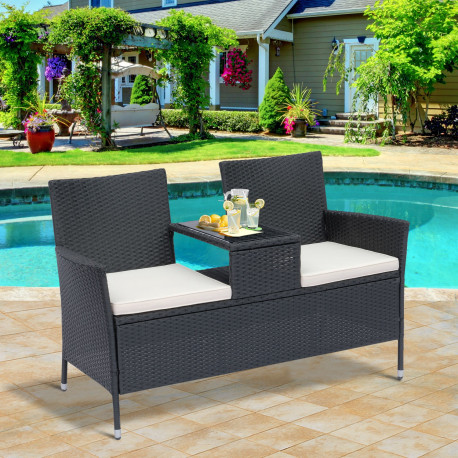 Outsunny 2 Seater Rattan Campanion Chair Wicker Loveseat Outdoor Patio Armchair with Drink Table Garden Furniture - Black