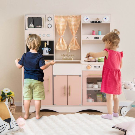 Kids Play Kitchen Wooden with Microwave and Ice Maker with Sounds