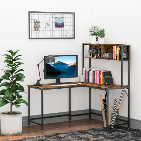 Reversible L Shaped Desk with Hutch, Industrial Computer Desk, Corner Desk with Storage Compartments and Steel Frame for Home Of