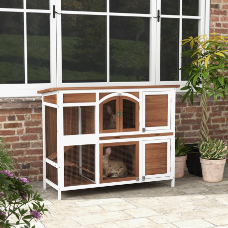 PawHut Two-Tier Wooden Pet Hutch with Openable Roof, Slide-Out Tray