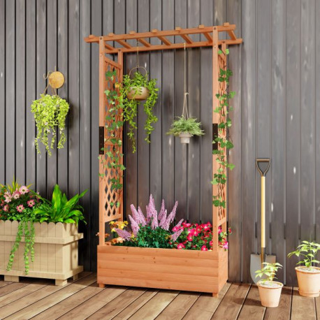 Raised Garden Bed Fir Wood Planter Box with 2-Sided Trellis and Hanging Roof