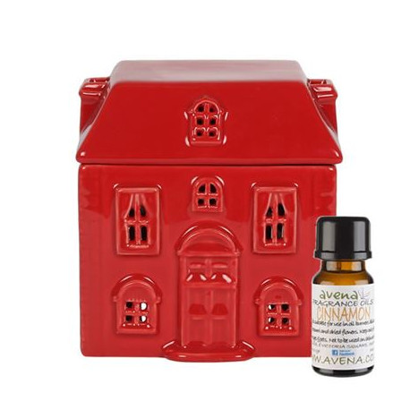 Ceramic Red House Oil Burner With Free Cinnamon Fragrance Oil 10ml