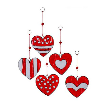 Set Of Five Red & White Heart Suncatchers