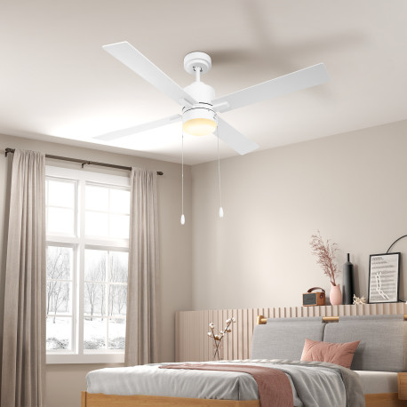 Ceiling Fan with LED Light, Flush Mount Ceiling Fan Lights with Reversible Blades, Pull-chain, White and Natural Tone