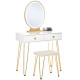 Dressing Table Set with LED Light, Round Mirror, Vanity Makeup Table with 2 Drawers and Cushioned Stool for Bedroom, White