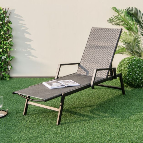 Outdoor Rattan Chaise Lounge with Armrests and 5-Position Backrest for Porch, Backyard