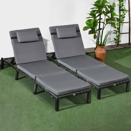 Outsunny Set of Two Reclining Rattan Sun Loungers, with Cushions - Grey