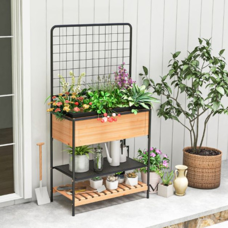 Raised Garden Bed with Trellis and 2-tier Storage Shelves