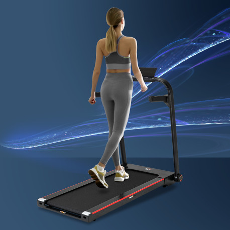 750W Folding Treadmill, 1-14km/h Electric Running Machine w/ Wheels, Safety Button, LED Monitor, Phone Holder for Home Office Jo