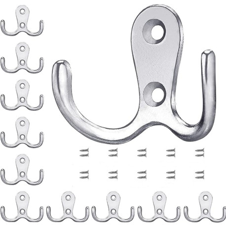 10 Pcs Double Coat Hooks Heavy Duty Metal Door Hooks with Screws - Silver