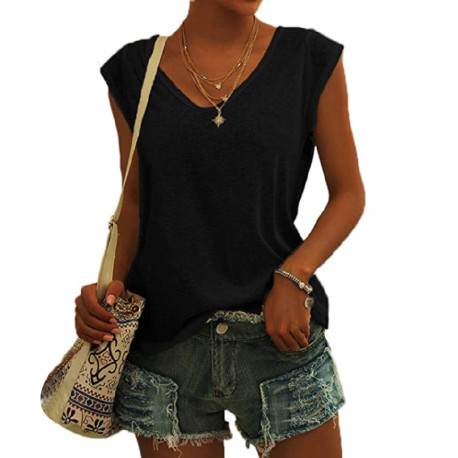 Summer V Neck Tank Tops Sleeveless Casual Loose Plain T-Shirt Cami Vest - Black L