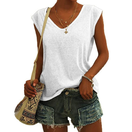 Summer V Neck Tank Tops Sleeveless Casual Loose Plain T-Shirt Cami Vest - White XL