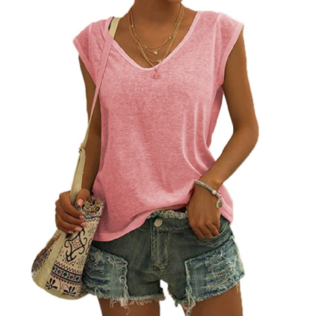 Summer V Neck Tank Tops Sleeveless Casual Loose Plain T-Shirt Cami Vest - Pink 2XL