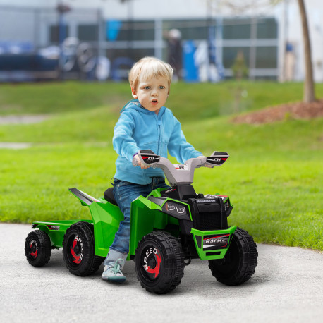 6V Quad Bike with Back Trailer, Wear-Resistant Wheels, for Ages 18-36 Months, Green