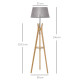 Natural Wood Tripod Floor Lamp Light E27 Base Bedroom Living Room Fabric Shade Storage Shelf Foot Switch, 156cm, Grey