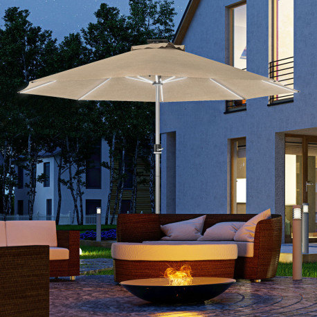 Outsunny 3m Parasol, with Solar-Powered LED Lights - Khaki