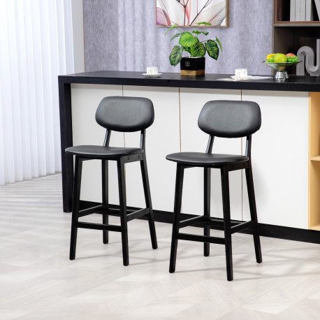 Set of Two Wooden Classic Bar Stools, with Faux Leather Seats - Black