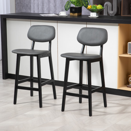 Bar Stools Set of 2, Contemporary Breakfast Bar Chairs, Faux Leather Upholstered Kitchen Stools with Backs and  Solid Wood Legs,