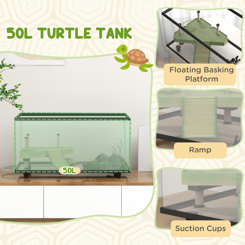 Uilas PawHut 50L Glass Turtle Tank Aquarium with Basking Platform, Easy ...