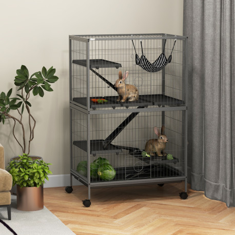 PawHut Small Animal Cage for Chinchilla Ferret Kitten on Wheels with Hammock Removable Tray, Grey