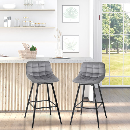 Set of 2 Bar Stools Velvet-Touch Dining Chairs Kitchen Counter Chairs    Fabric Upholstered seat with Metal Legs, Backrest, Grey