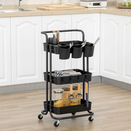 3 Tier Utility Rolling Cart, Kitchen Cart with 3 Removable Mesh Baskets, 3 Hanging Box, 4 Hooks and Dividers for Living Room, La