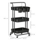 3 Tier Utility Rolling Cart, Kitchen Cart with 3 Removable Mesh Baskets, 3 Hanging Box, 4 Hooks and Dividers for Living Room, La