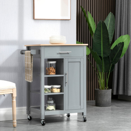 Compact Kitchen Trolley Utility Cart on Wheels with Open Shelf & Storage Drawer for Dining Room, Kitchen, Grey