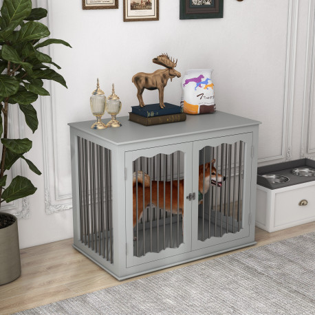 PawHut Dog Crate, End Table, with Three Doors, Locks, Latches for Large Dogs, Indoor Use - Grey