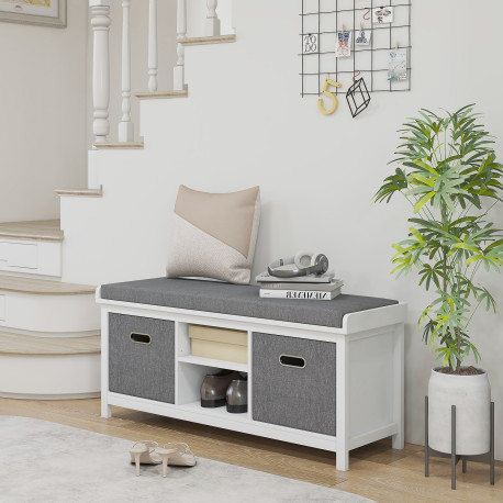 Shoe Storage Bench, with Cushion Seat - White/Grey