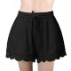 Womens Ladies Elastic Waist Drawstring Lace Hem Beach Shorts Pants Black - XL