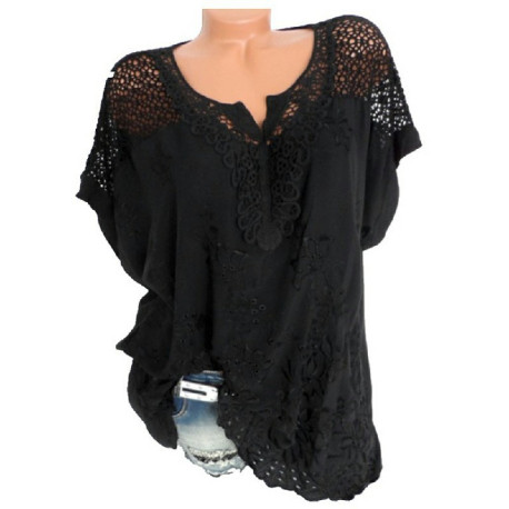 Plus Size Womens V Neck Lace Tops Shirt Ladies Summer Casual Blouse Pullover Tee - Black 3XL