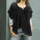 Plus Size Womens V Neck Lace Tops Shirt Ladies Summer Casual Blouse Pullover Tee - Black 3XL