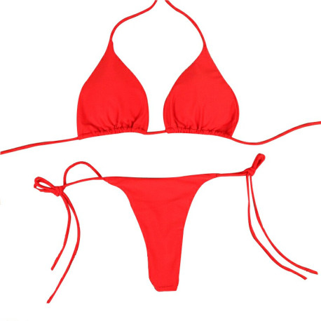 Women Halter Bikini Set Bra Top + Mini Triangle G-string Thong Swimwear Swimsuit Set - Red