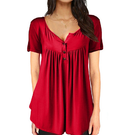 Lady Summer Tunic Tops Short Sleeve T-shirt Women Button Blouse Tee - Red 5XL