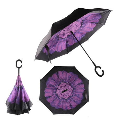 Reverse Inverted Double Layer Umbrella with C Handle Assorted Designs 80cm - Random Colour