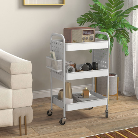 3-tier Storage Trolley on Wheels, Rolling Utility Serving Cart with 3 Mesh Baskets, 2 Hanging Boxes and 6 Hooks for Living Room,