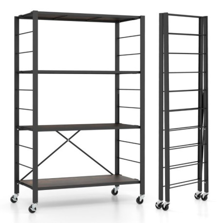 4-Tier Folding Storage Rack Metal Shelf Organizer with Wheels