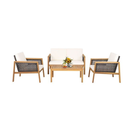 4-Piece Patio Acacia Wood Furniture Set with Removable Cushions