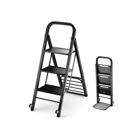 2-In-1 Hand Truck and Ladder Foldable 3-Step Ladder with Non-slip Wide Pedals