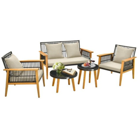 5 Pieces Outdoor Conversation Set with Acacia Wood Frame and Cushions