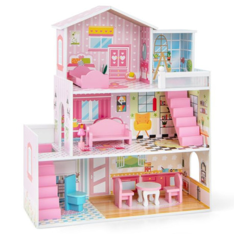 Kids Wooden Dollhouse DIY Pretend for Toddlers 3-7 Years Old