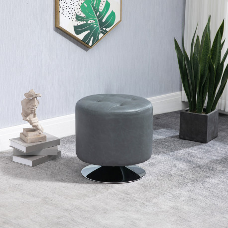 360° Swivel Foot Stool Round PU Ottoman with Thick Sponge Padding and Solid Steel Base, Grey