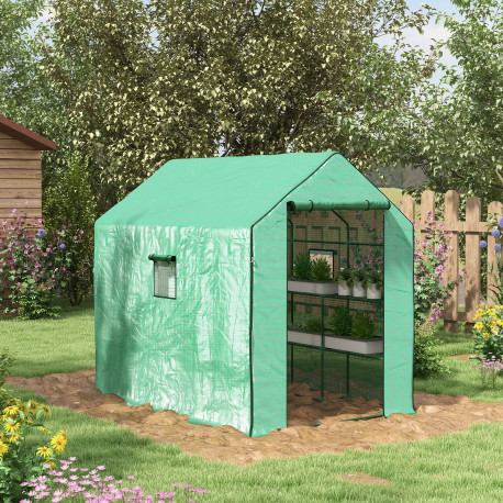 Outsunny Walk-in Greenhouse with 3 Tier Shelves, Outdoor Green House Garden Grow House with Reinforced PE Cover, Roll-up Door an