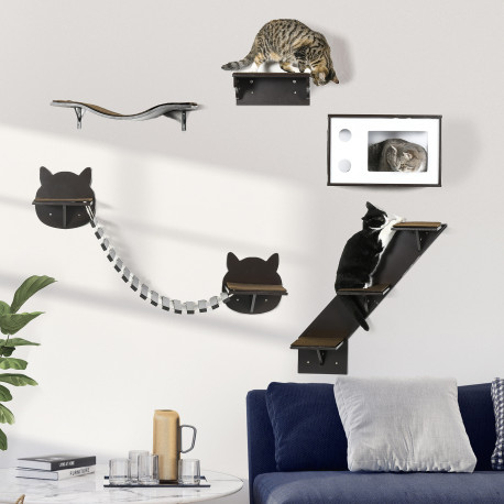 PawHut 5 Pieces Cat Wall Shelves with Curved Platform, Cat Condo, Bridge, Stairs, and Perch, Wall Mounted Cat Tree for Indoor Us