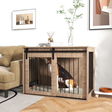 PawHut 98cm Dog Crate Furniture with Removable Cushion for Large Dogs - Brown