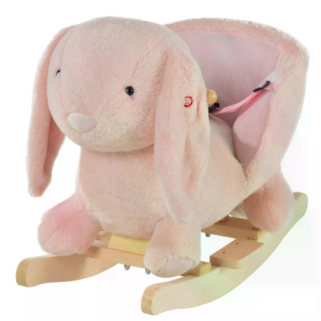 Kids Children Rocking Horse Plush Ride On Rabbit Seat w/ Sound Wood Base Seat Safety Belt Toddler Baby Toy Rocker Pink 18 - 36 M